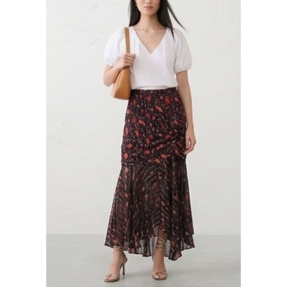 C/MEO Collection Women's Floral Pleated Chiffon Midi Skirt Asymmetrical Ruffle